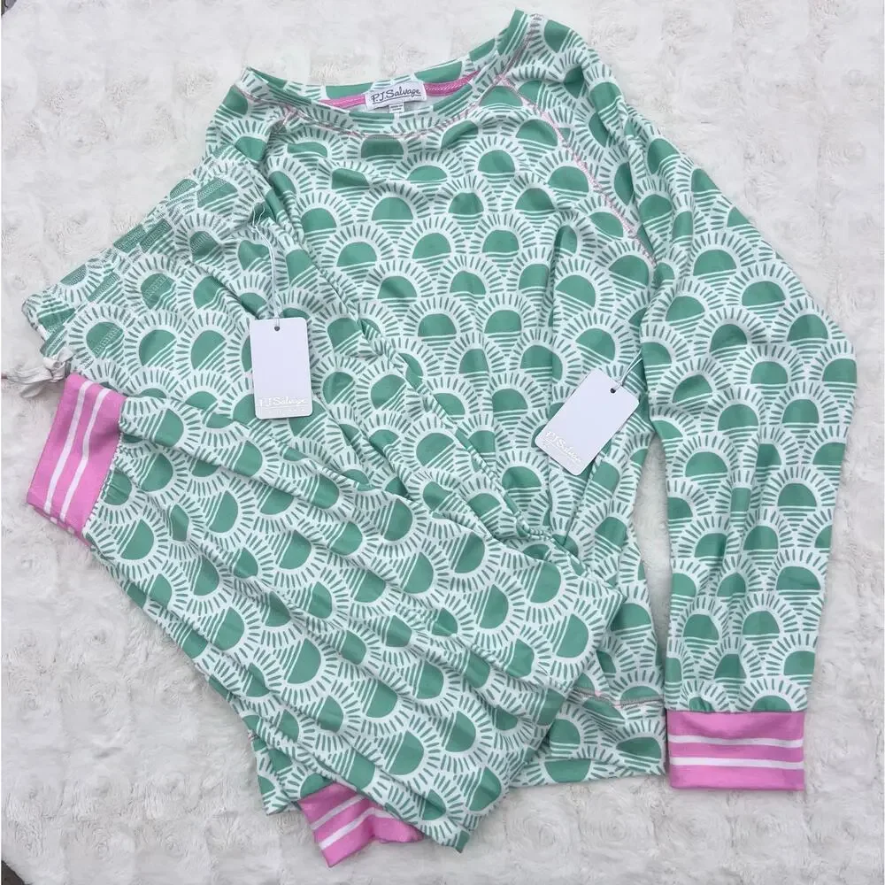 PJ Salvage Pajama Set XL Peachy Party Courtside Joggers Green NWT Lounge - Picture 3 of 6